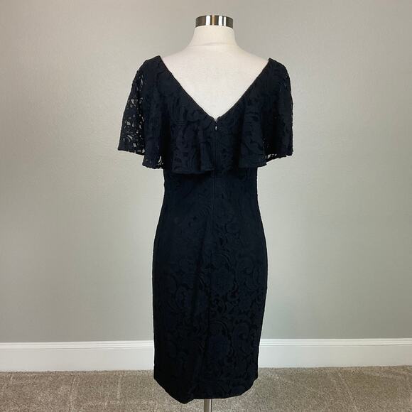 Ralph Lauren Black Lace Cocktail Dress Size 8 Ruffled V-Neck Short Sleeve Sheath - Picture 4 of 12